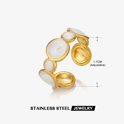 DLseek Round Black White Drip Oil Rings for Women Fashion Open Adjustable Gold Plated Stainless Steel Ring Charms Jewelry Gifts