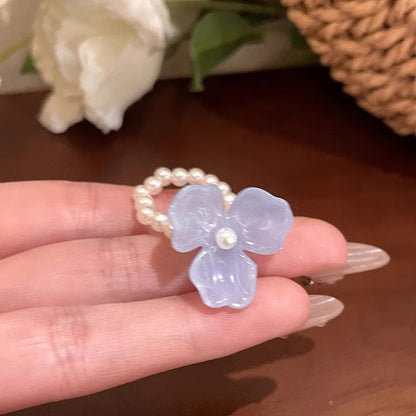 Imitation Pearl Acrylic Flower Rings Sweet Handmade Elastic Rope Romantic Jewelry Gift for Women Girl Fashion