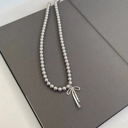 LATS Gray Pearls Bowknot Pendant Necklace for Women Girls Graceful Butterfly Choker Chain Jewelry Gift Accessories