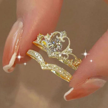 LATS 2PCS Crystal Crown Adjustable Ring Irregular Geometry Vintage Rings Set for Women Girls New Fashion Jewelry