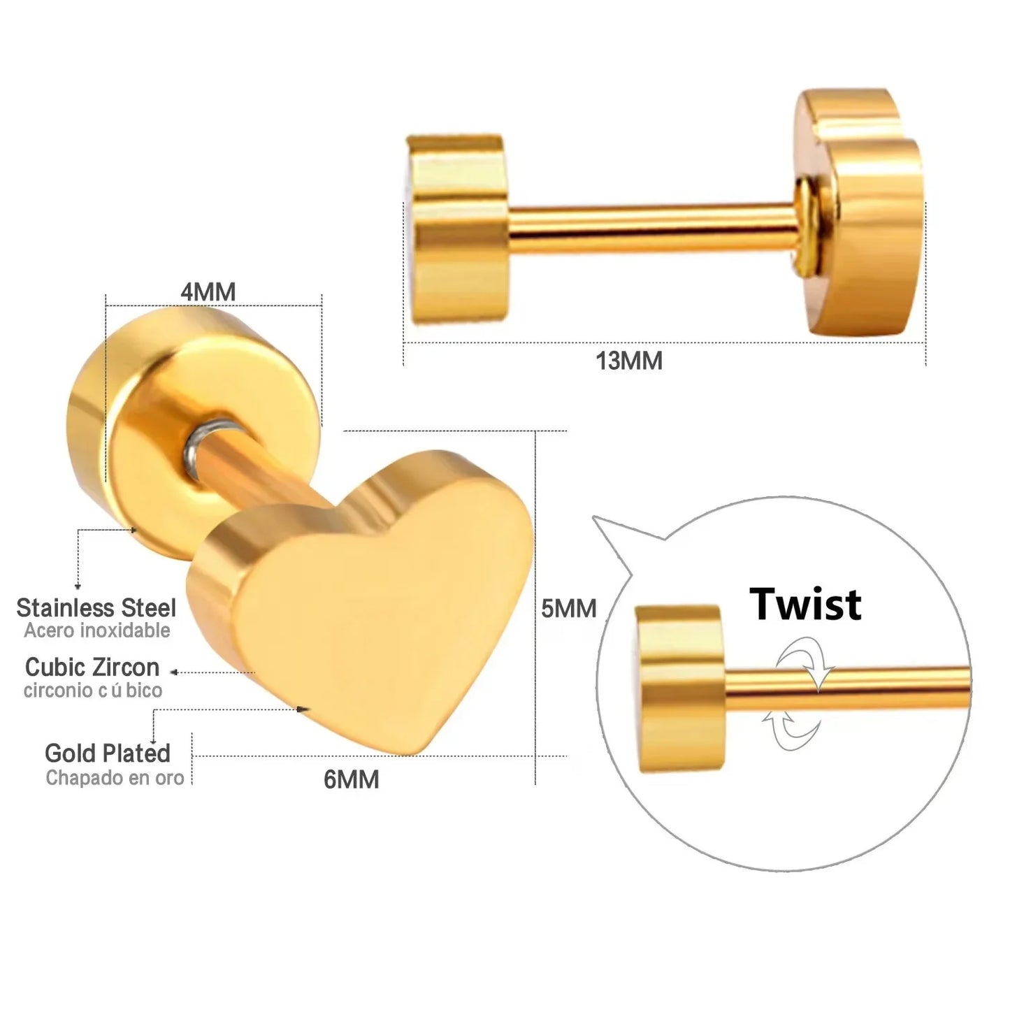 K Gold Plated White Gold Plated Posts Pair of Flat Back Stud Earrings for Women | Heart Earrings