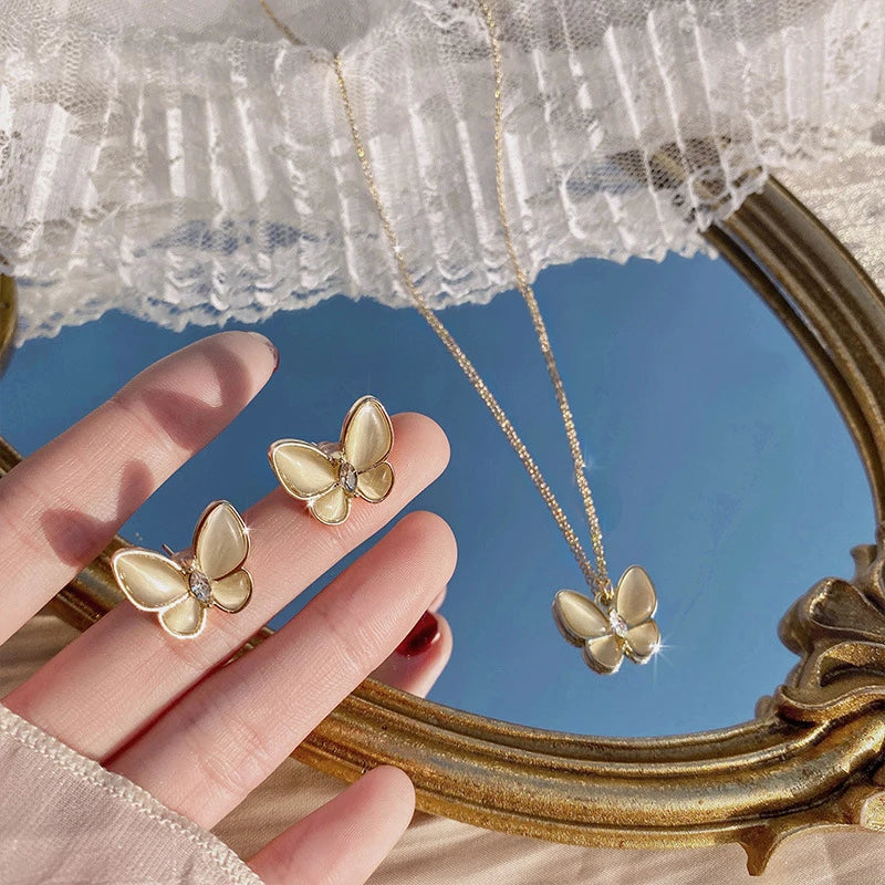 Kiss Jewelry Charm Opal Butterfly Necklace Earring Jewelry Set for Women Temperament Korean Fashion Choker Necklace Stud Earring