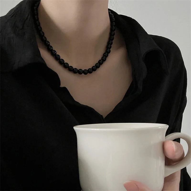 French Vintage Black Pearl Choker Simple Acrylic Beaded Chain Necklace For Women Jewelry Accessories Women's Gift