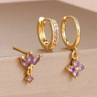 3PCS Fashion Orange Blue Zircon Hanging Earrings Set for Women Stainless Steel Flower Dangle Earring Piercing Jewelry