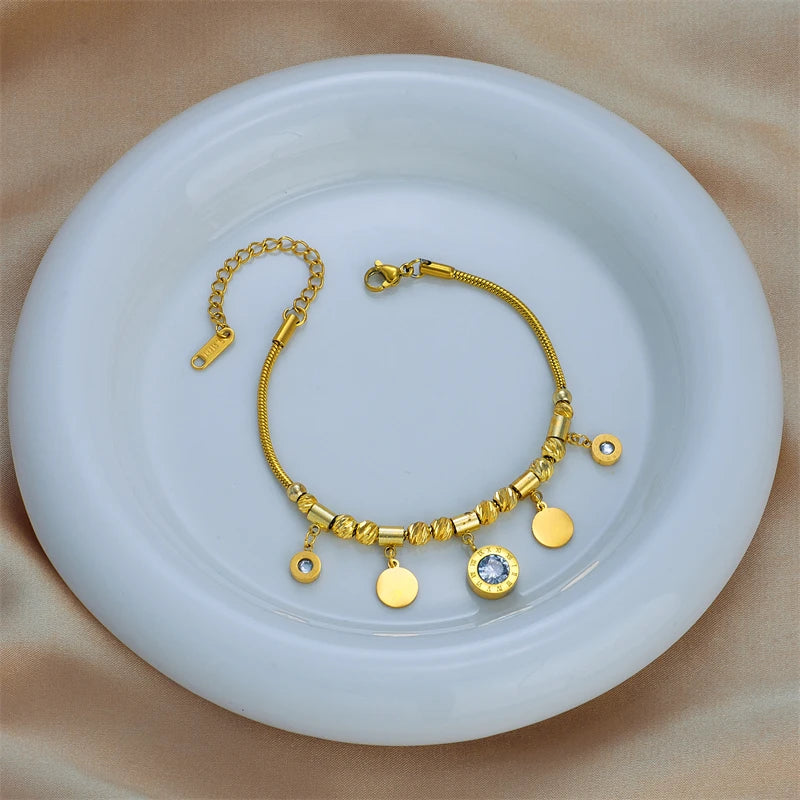 DIEYURO 316L Stainless Steel Roman Numerals White Zircon Charm Necklace Bracelets For Women New Trend Non-fading Jewelry Set
