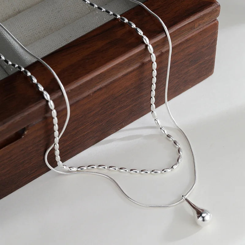 LATS Silver Color Simple Design Long Drop Pendant Necklace for Women Double-layered Clavicle Chain Fashion Jewelry Gifts