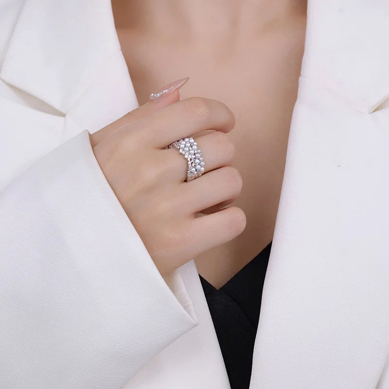 925 Sterling Silver Zircon Pearl Round Rings for Women Minimalist Trendy Light Luxury Fine Jewelry Opening Accessories