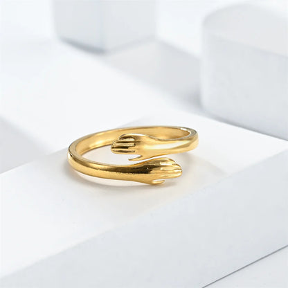 Round Gold Color Warmly Embraced Love Hug Open Rings For Women Cute Creative Hands  Adjustable Jewelry