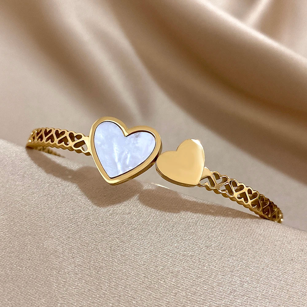 Stainless Steel Inlaid Shell Double Heart Cuff Bangles for Women Fashion Gold Color Bangle Bracelet Valentine's Day Jewelry Gift