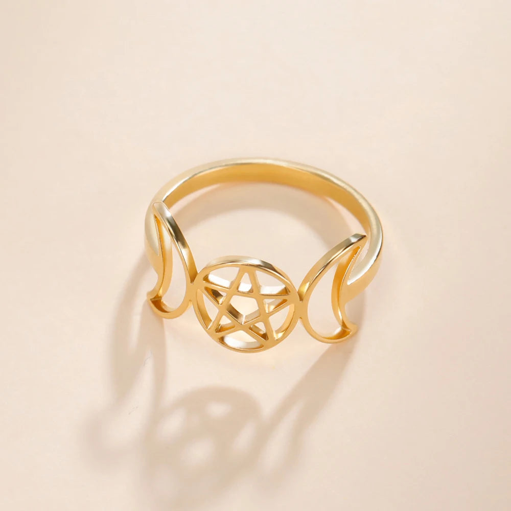 COOLTIME Pentagram Triple Moon Goddess Symbol Rings for Women Men Stainless Steel Crescent Star Ring Vintage Wicca Jewelry Gift