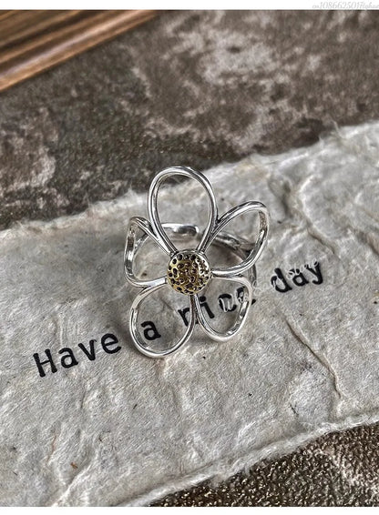 Sterling Silver Rings for Women Couple Minimalist Handmade Simple Big Flower Ring Party Jewelry Gift Prevent Allergy