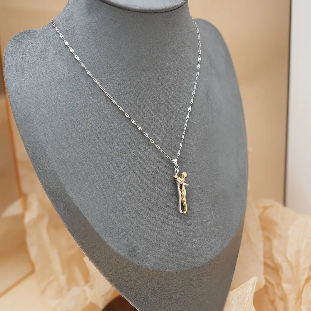 LATS Stainless Steel Couple Hugging Pendant Necklace for Women Men Silver Color Love Chain Good Friend Gifts Fashion Jewelry