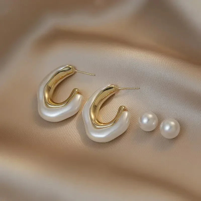 Fashion Gold Color Pearl Irregular for Women Korean Design Rhinestone Round Geometric Earring Trendy Party Girls Gifts Jewelry