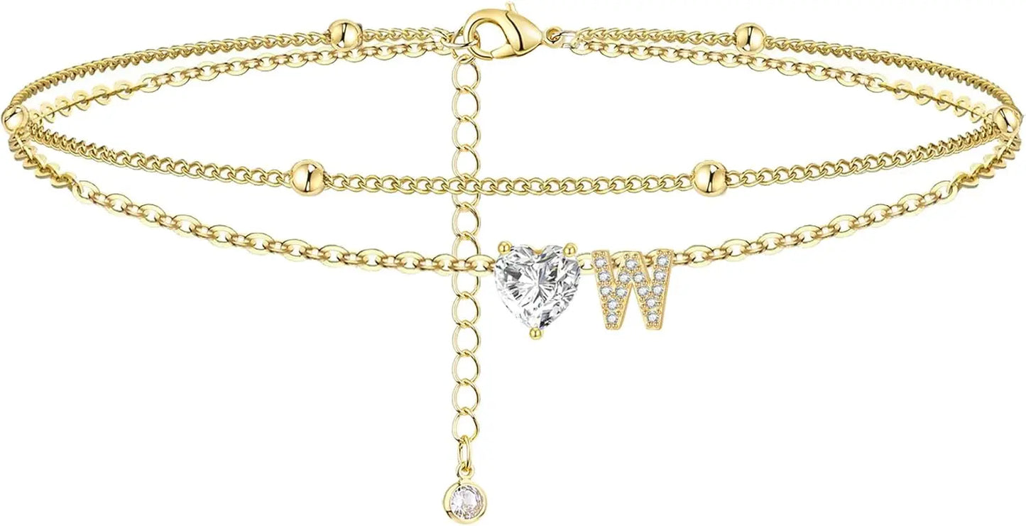 Ankle Bracelets for Women Waterproof 14K Gold Plated CZ Initial Dainty Layered Heart Anklets Foot Chain Summer Beach Jewelry