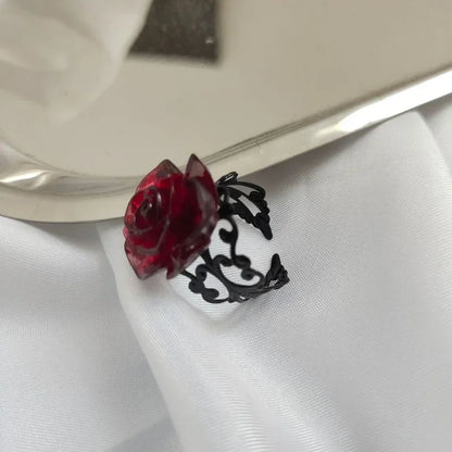 Punk Gothic Red Rose Rings Adjustable Hollow Rings for Women Witch Pagan Vintage Halloween Cool Girl Gift Party Jewelry Gift