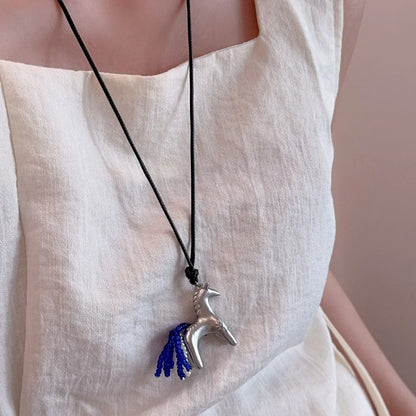 Minar New Luxury Metallic Cartoon Horse Beads Strand Tassel Pendant Necklaces for Women Long Adjustable Wax Rope Chain Choker