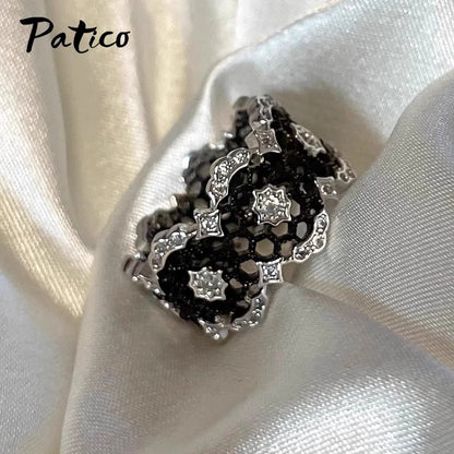 Elegant Genuine 925 Sterling Silver Rings for Women Wedding Engagement Anniversary Accessory Black Color Geometric Modern Design