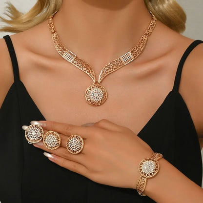 Retro Jewelry Sets Shiny Hollow Design Necklaces Bracelets Ring Sets Golden High Quality Women Necklace Set Wedding Engagement