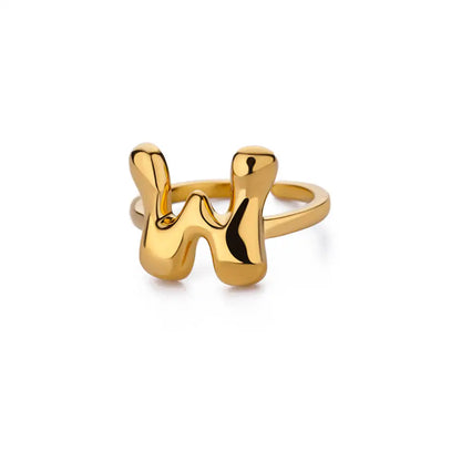 Gold Color Cute Bubble Letters Rings For Women Stainless Steel A-Z Alphabet Opening Ring Wedding Party Christmas Jewelry