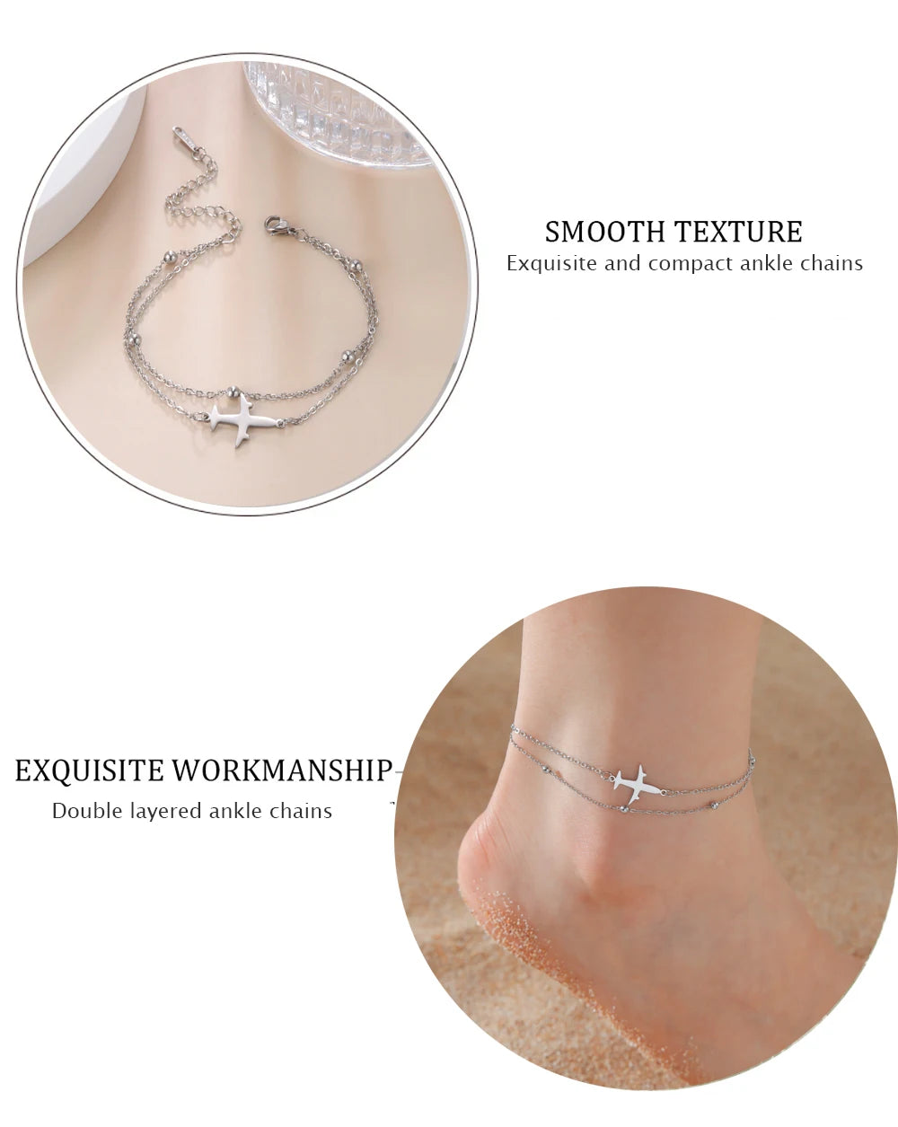 Kkjoy Stainless Steel Bohemia Gold Color Aircraft Anklets Two Layer Foot Legs Anklet Luxury Foot Chain Jewelry Accessories Gifts