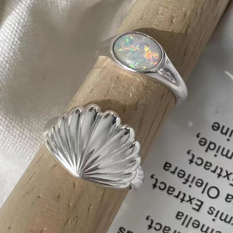 Shell Opal Stone Cuff Rings For Women Girl 2024 New Trend Fashion Personalized Vintage Jewelry Ladies Gifts Party anillos mujer