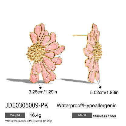 Uworld Fashion Trend 18K Gold Color Plated Stainless Steel Pink Drip Oil Flower Earrings Geometric Ear Studs Women's Accessories