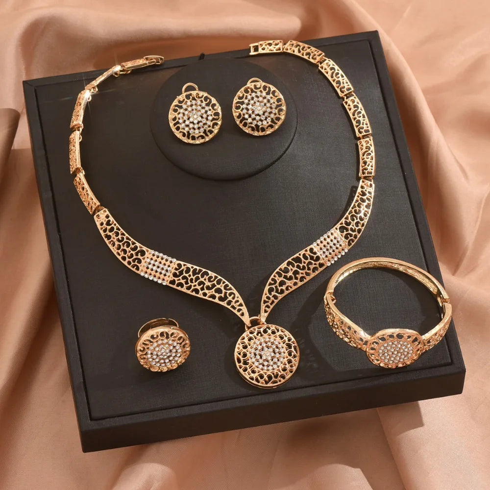 Retro Jewelry Sets Shiny Hollow Design Necklaces Bracelets Ring Sets Golden High Quality Women Necklace Set Wedding Engagement