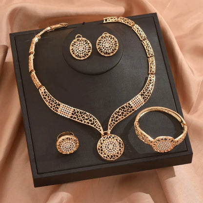 Retro Jewelry Sets Shiny Hollow Design Necklaces Bracelets Ring Sets Golden High Quality Women Necklace Set Wedding Engagement