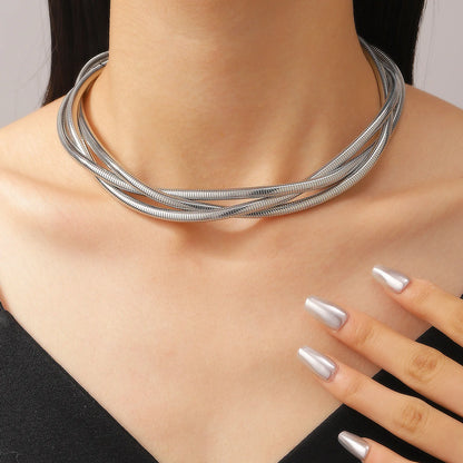 European and American exaggerated necklace personality snake bone multi-layer three line winding loop buckle punk metal necklace