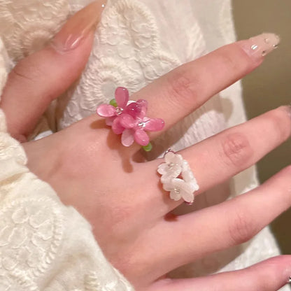 Violet Flower Acrylic Ring New Korean Style White Lily Index Finger Ring Elastic Beaded Unique Creativity Fold Women Jewelry