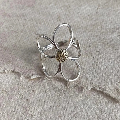Sterling Silver Rings for Women Couple Minimalist Handmade Simple Big Flower Ring Party Jewelry Gift Prevent Allergy
