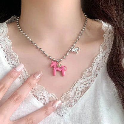 LATS Funny Cute White Black Pink Color Enamel Colt Horse Pendant Necklaces for Women Alloy Beads Chain Chokers Fashion Jewelry