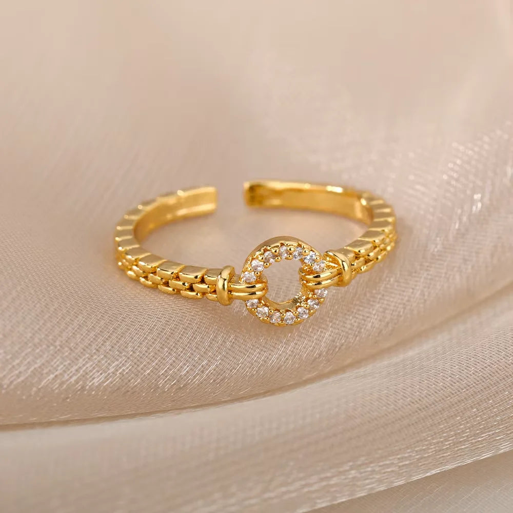 Zircon Round Rings For Women Punk Rock Chain Esthetics Open Adjusted Ring Accessories Finger Jewelry Dainty Gift Bijoux Femme