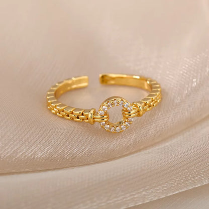 Zircon Round Rings For Women Punk Rock Chain Esthetics Open Adjusted Ring Accessories Finger Jewelry Dainty Gift Bijoux Femme