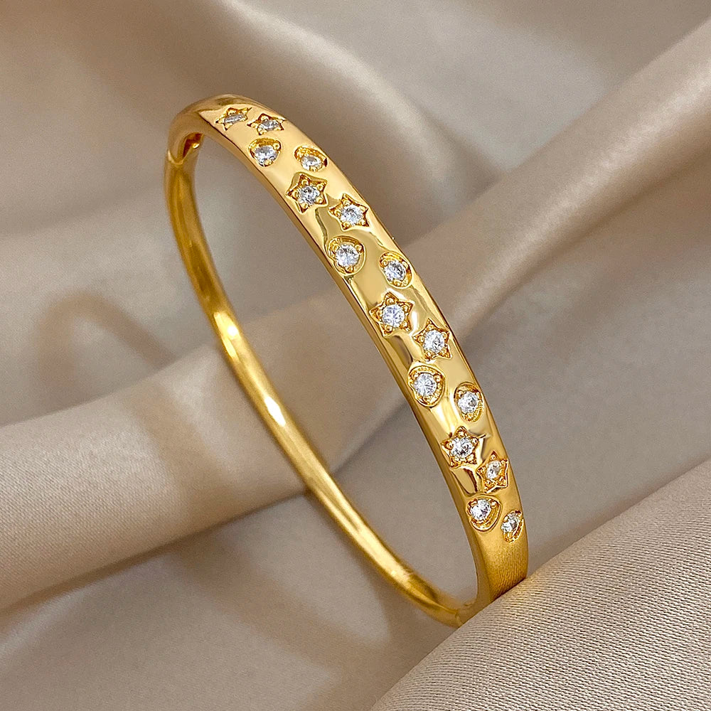 Flashbuy Gold Color Chic Inlaid Zircon Copper Bangle Bracelet For Women Statement New Design Temperament Wrist Fashion Jewelry