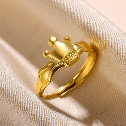 Stainless Steel Rings for Women Gold Color Couple Jewelry Aesthetic Accessorie Adjustable Punk Embossed Hollow Ring