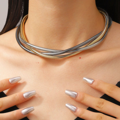 European and American exaggerated necklace personality snake bone multi-layer three line winding loop buckle punk metal necklace