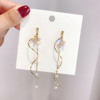 Elegant Cherry Blossom Princess Earrings for Women Personalized Asymmetrical Long Tassel Star Pearl Ear Stud Party Jewelry Gifts