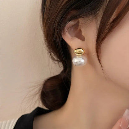 LATS New French Elegant Gold Color Bean Spliced Flat Pearl Earrings for Korean Fashion Jewelry Party Women's Sweet Accessories