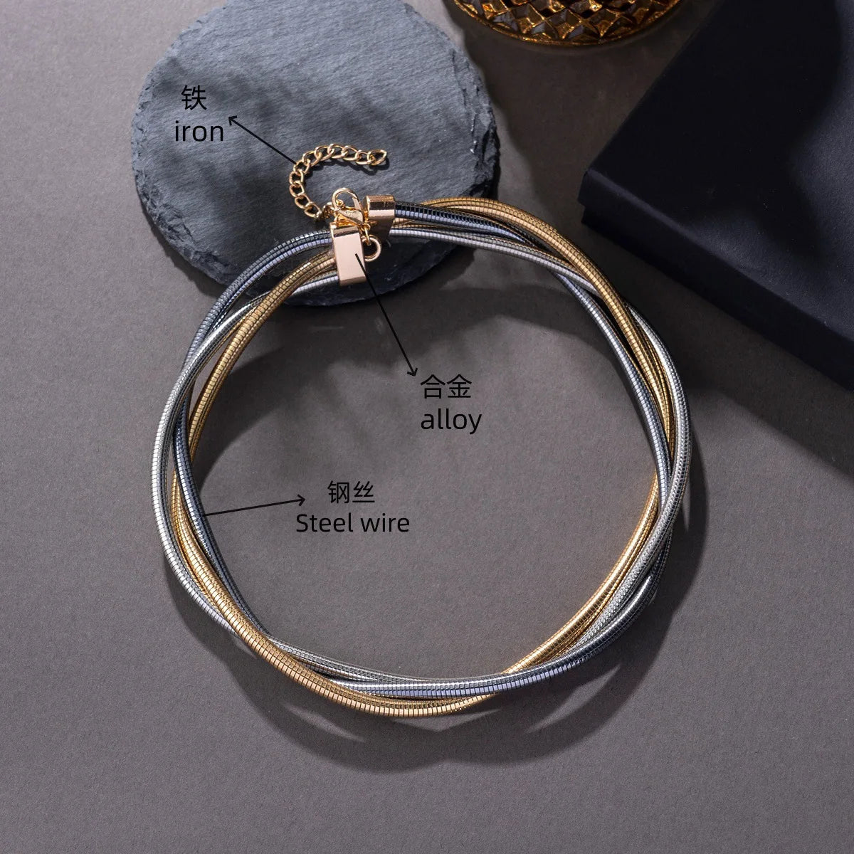 European and American exaggerated necklace personality snake bone multi-layer three line winding loop buckle punk metal necklace
