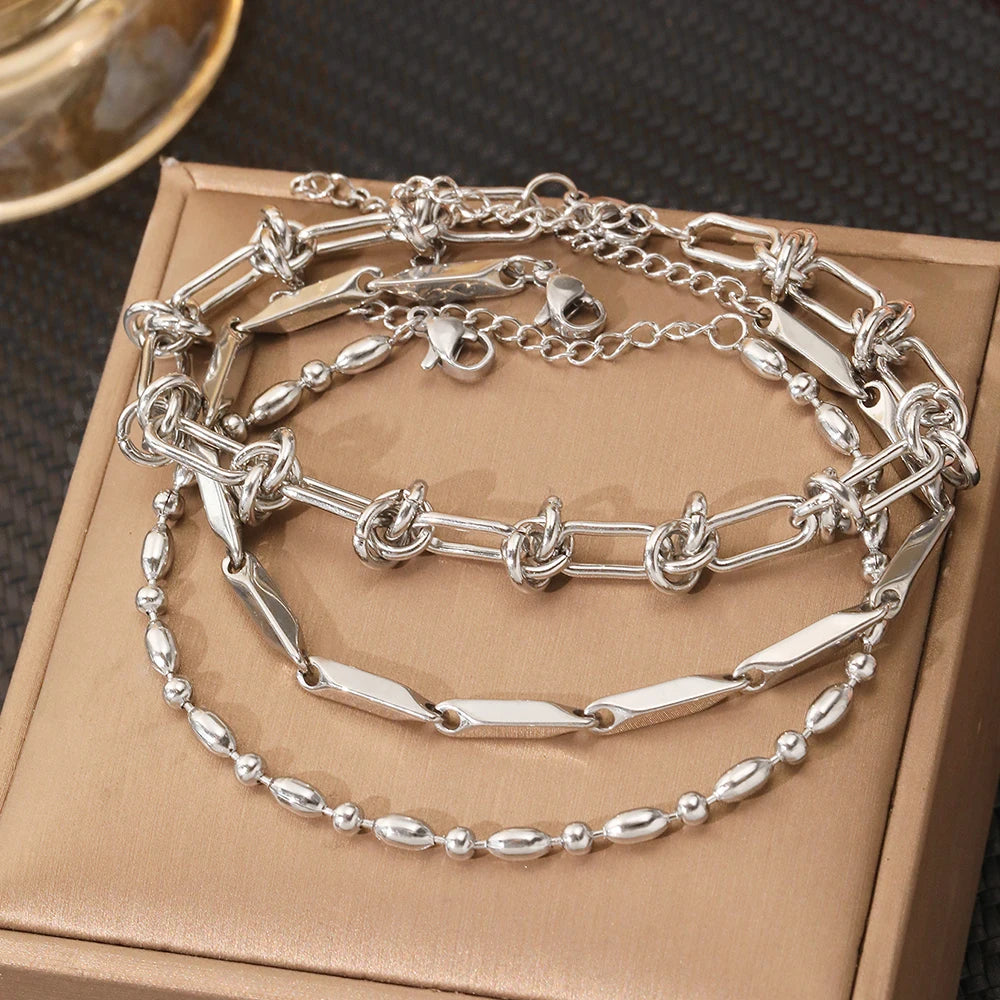 Stainless Steel Bracelet 3 Pieces Popular Creative Knotted Rhombic Chain Fine Bracelet For Women Jewelry Unusual Gift New Senior