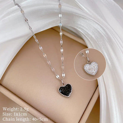 DIEYURO 316L Stainless Steel Minimalist Black White Crystal Reversible Heart Necklace New Fashion Clavicle Chain Jewelry Gif
