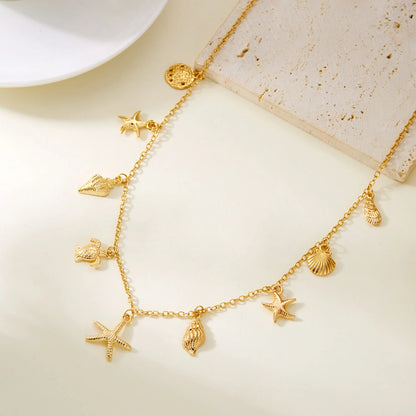 Fashion Gold Color Starfish Conch Turtle Pendant Necklace for Women Handmade Shell Chain Necklace Summer Beach Party Jewelry