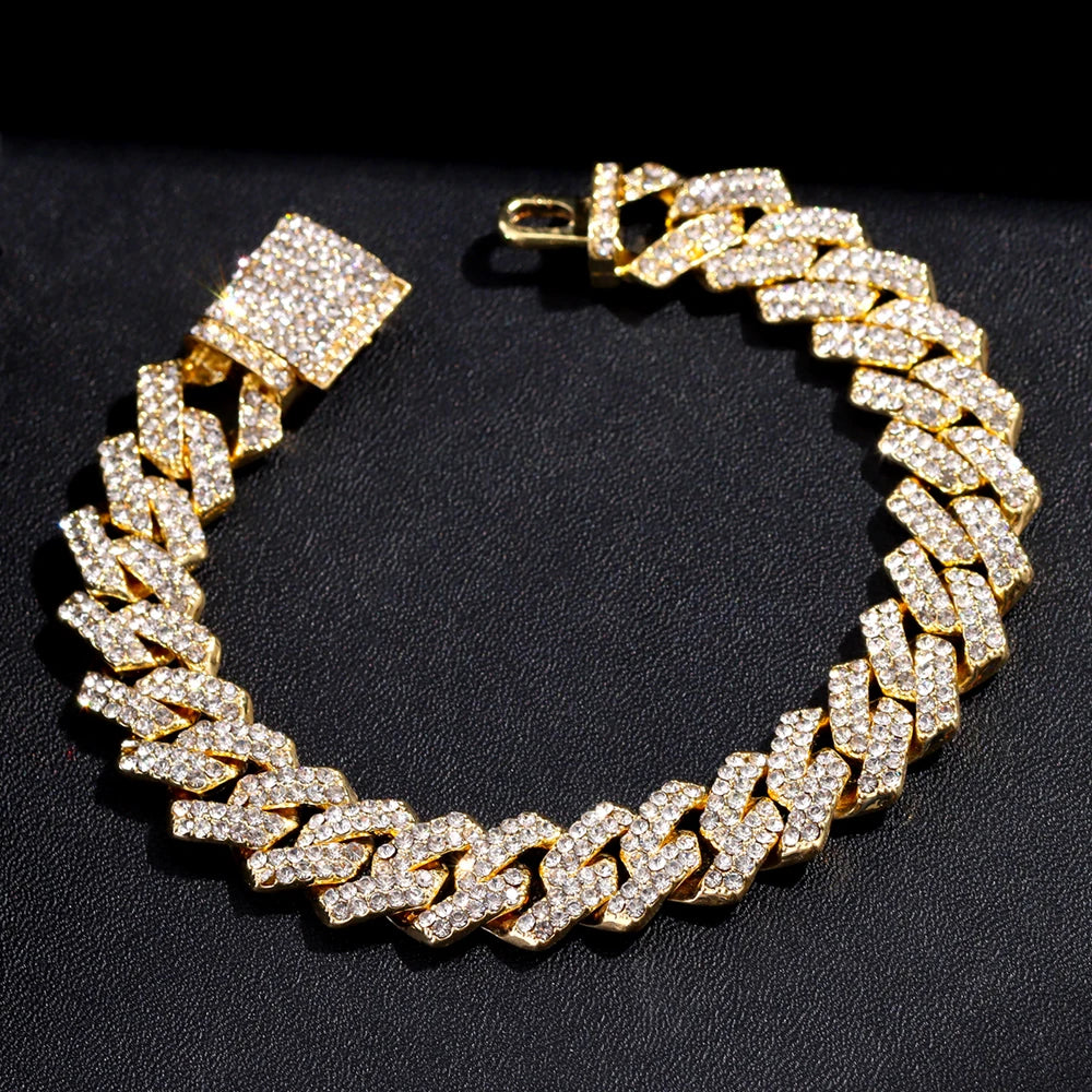 16/18/20/22/24inch Gold Color Cuban Link Chain for Women Men 2 Row Rhinestone Rhombus Prong Cuban Necklaces Hip Hop Jewelry