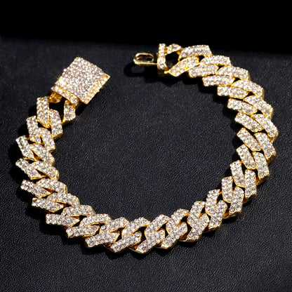 16/18/20/22/24inch Gold Color Cuban Link Chain for Women Men 2 Row Rhinestone Rhombus Prong Cuban Necklaces Hip Hop Jewelry