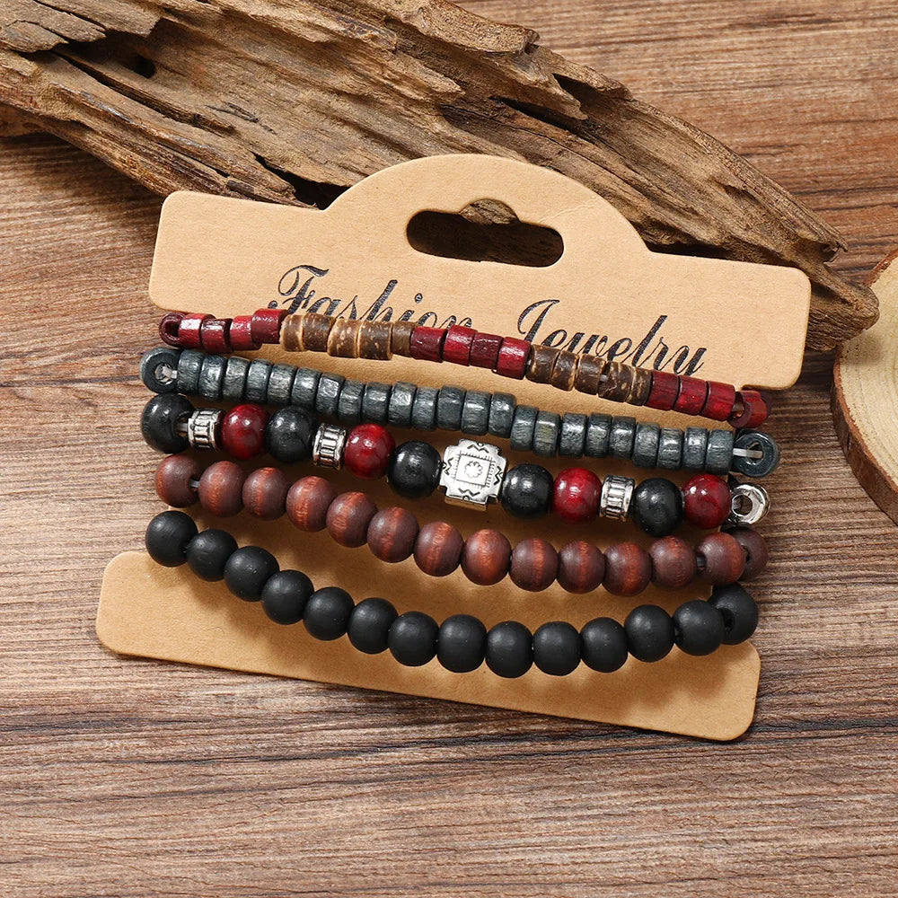 Bracelet For Men New Retro Style Cross Black Wooden Beads Coconut Shell Multi-piece Set Of Personality Bracelet