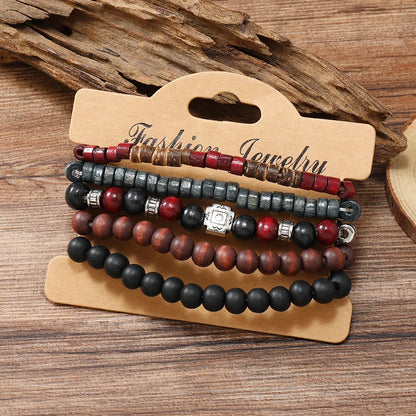 Bracelet For Men New Retro Style Cross Black Wooden Beads Coconut Shell Multi-piece Set Of Personality Bracelet