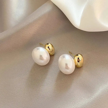 LATS New French Elegant Gold Color Bean Spliced Flat Pearl Earrings for Korean Fashion Jewelry Party Women's Sweet Accessories