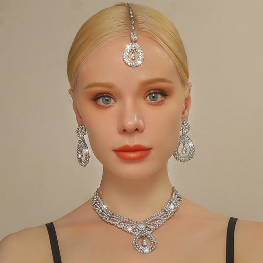 5-piece bridal jewelry set for women, exaggerated retro luxury crystal necklace, earrings and headdress set