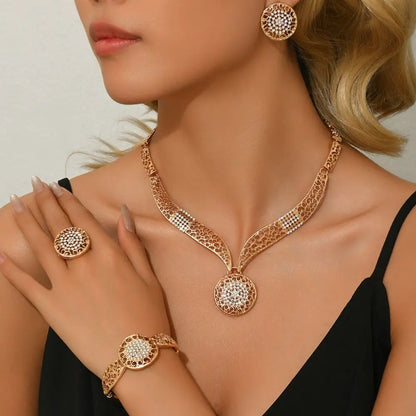 Retro Jewelry Sets Shiny Hollow Design Necklaces Bracelets Ring Sets Golden High Quality Women Necklace Set Wedding Engagement